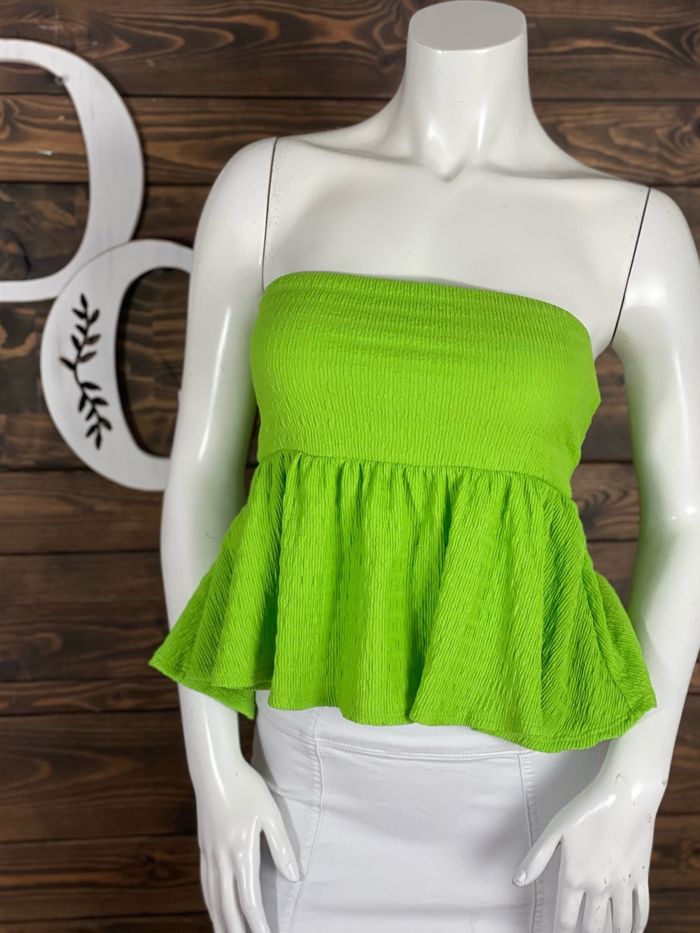 Forever 21 | Strapless Peplum Tube Top Bright Lime Green Open Back Bow Tie